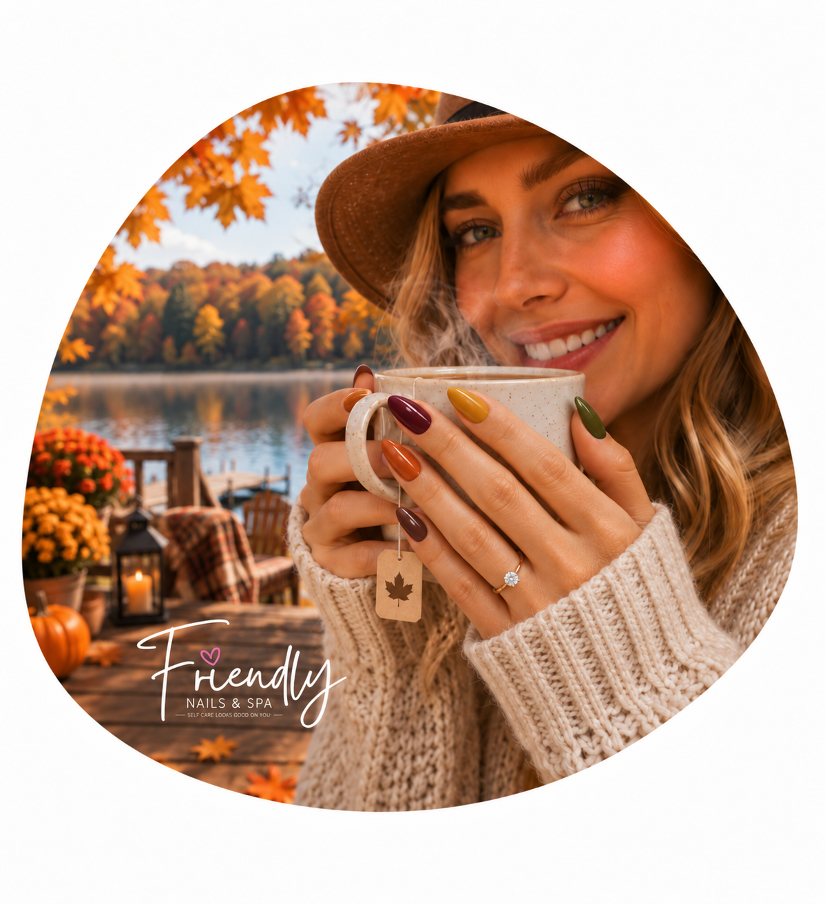 Woman in a cozy fall setting showing stylish autumn manicure