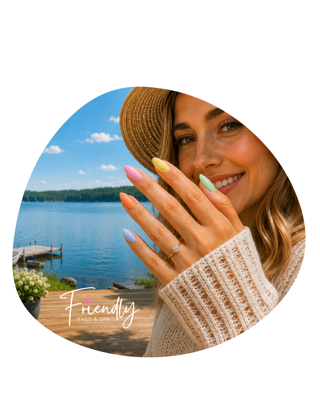 Smiling woman by a summer lake showing colorful pastel manicure